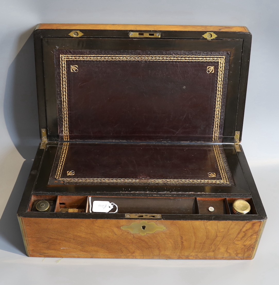 A Victorian brass mounted walnut writing slope, width 44cm